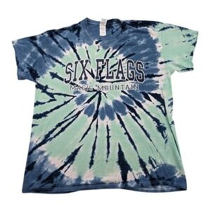Vintage Six Flags Shirt Mens Large Blue‎ Green White Tie Dye Crew Gildan Heavy